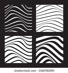 Set of 4 abstract backgrounds with wavy lines. White wavy lines on black background. Minimalist black and white abstract design. Vector Illustration.