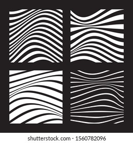 Set of 4 abstract backgrounds with wavy lines. White wavy lines on black background. Minimalist black and white abstract design. Vector Illustration.
