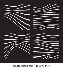 Set of 4 abstract backgrounds with wavy lines. White wavy lines on black background. Minimalist black and white abstract design. Vector Illustration.