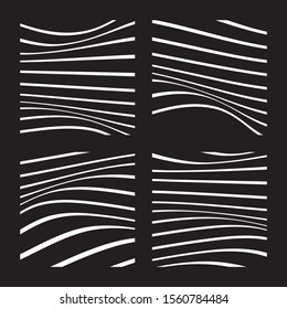 Set of 4 abstract backgrounds with wavy lines. White wavy lines on black background. Minimalist black and white abstract design. Vector Illustration.