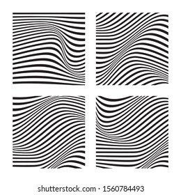 Set of 4 abstract backgrounds with wavy lines. Black wavy lines on white background. Minimalist black and white abstract design. Vector Illustration.