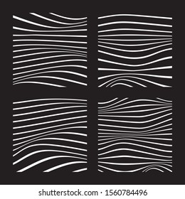 Set of 4 abstract backgrounds with wavy lines. White wavy lines on black background. Minimalist black and white abstract design. Vector Illustration.