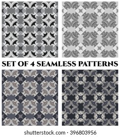 Set of 4 abstract beautiful damask seamless patterns of black, grey and white shades