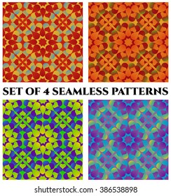 Set of 4 abstract beautiful decorative seamless patterns of red, green, blue, violet, orange and yellow shades