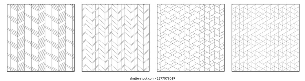 Set of 4 abstract black and white lines isometric on white background in square frame design. Vector illustration. 