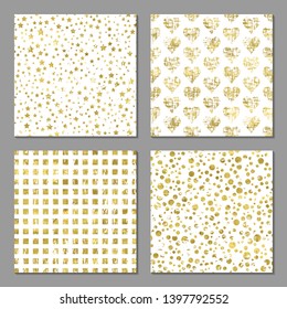 Set of 4  abstract bright  golden cards, template or invitation with grunge heart, square, confetti, polka dot, stars, circles. Vector illustration. Shiny background. Texture of gold foil.