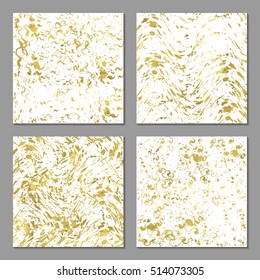 Set of 4  abstract bright  golden cards, poster, template or invitation with sparkle splash. Vector illustration. Shiny background. Texture of gold foil.