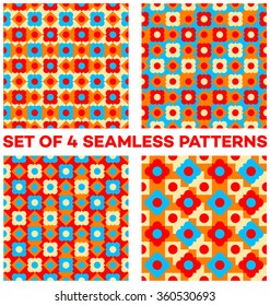 Set of 4 abstract bright seamless patterns with different geometric shapes of beige, orange, blue and red shades