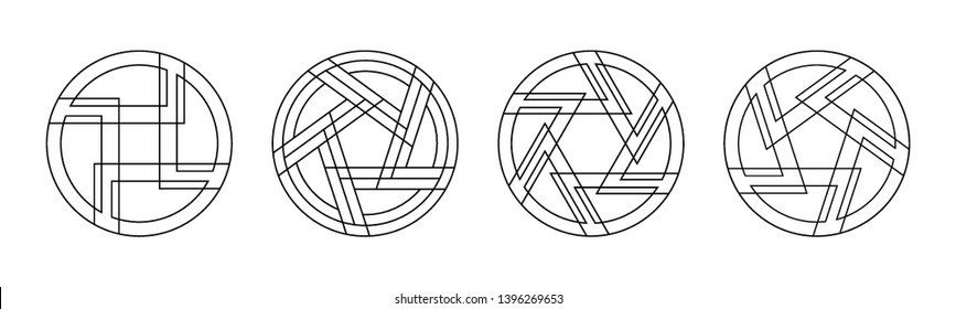 Set of 4 abstract circular ornaments isolated on white background. Sacred geometry symbols. Sacral signs. Round patterns. Linear style. Vector monochrome illustration.