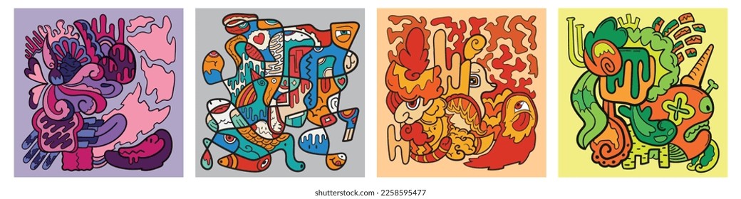 Set of 4 abstract colorful psychedelic doodle. Hand drawn vector illustrations. Perfect for poster, cover and banner