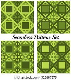 Set of 4 abstract contemporary geometric seamless patterns with triangles and squares of green shades