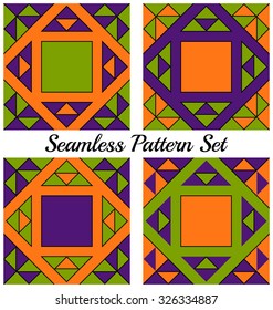 Set of 4 abstract contemporary geometric seamless patterns with triangles and squares of green, orange and violet shades