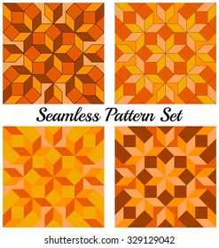Set of 4 abstract contemporary geometric seamless patterns with rhombus and squares of orange, yellow and brown shades