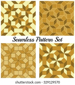 Set of 4 abstract contemporary geometric seamless patterns with rhombus and squares of beige, light brown and dark brown shades