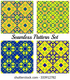 Set of 4 abstract contemporary geometric seamless patterns with triangles and squares of orange, blue, green and yellow shades