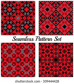 Set of 4 abstract contemporary geometric seamless patterns with triangles and squares of red, grey and black shades