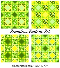 Set of 4 abstract contemporary geometric seamless patterns with triangles and squares of green and yellow shades