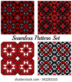 Set of 4 abstract contemporary geometric seamless patterns with triangles and squares of red, grey, black and white shades