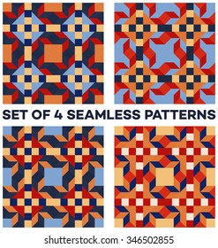 Set of 4 abstract contemporary geometric seamless patterns with rhombus, square and triangular shapes of red, blue, orange and white shades