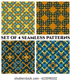 Set of 4 abstract contemporary geometric seamless patterns with celtic ornament of blue, brown, and yellow shades