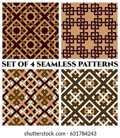 Set of 4 abstract contemporary geometric seamless patterns with celtic ornament of brown, white, khaki, and beige shades