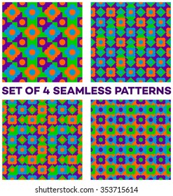 Set of 4 abstract contemporary seamless patterns with different geometric elements of violet, green, blue and orange shades