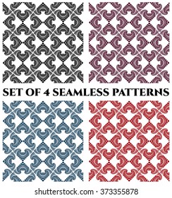 Set of 4 abstract contemporary seamless patterns with decorative ornament of black, purple, blue and red shades on white background