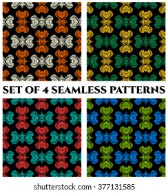 Set of 4 abstract contemporary seamless patterns with colorful decorative ornament on black background