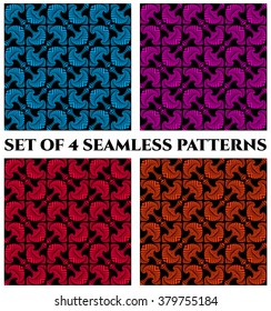 Set of 4 abstract contemporary seamless patterns with decorative ornament of blue, red, orange and violet shades on black background