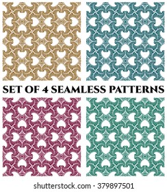 Set of 4 abstract contemporary seamless patterns with fractal decorative ornament of violet, blue, teal and golden shades on white background
