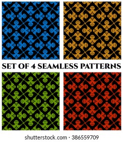 Set of 4 abstract contemporary seamless patterns with decorative ornament of red, blue, green and yellow shades on black background