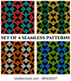 Set of 4 abstract contemporary seamless patterns with red, green, orange, white, yellow, blue and teal shades decorative elements on black background