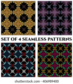 Set of 4 abstract contemporary seamless patterns with golden, beige, brown, purple, violet, teal, red, white, blue, green, orange and yellow shades decorative elements on black background