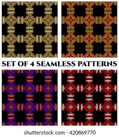 Set of 4 abstract contemporary seamless patterns with beige, brown, orange, green, violet, red and white shades decorative elements on black background