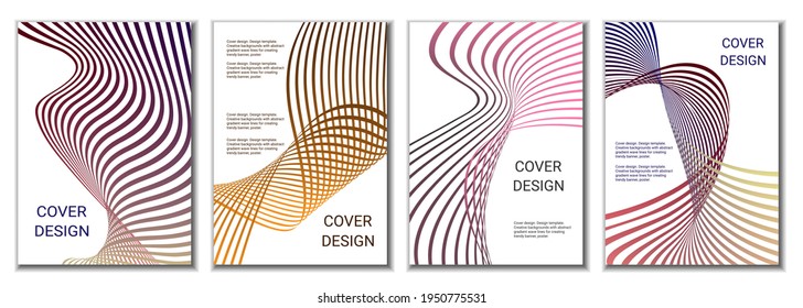 A set of 4 abstract covers. Wavy parallel gradient lines, ribbons evolve. Cover design, background. Trendy banner, poster.