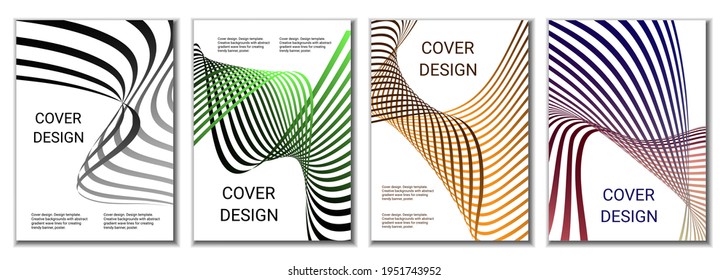 A set of 4 abstract covers. Wavy parallel gradient lines, ribbons evolve. Cover design, background. Trendy banner, poster.