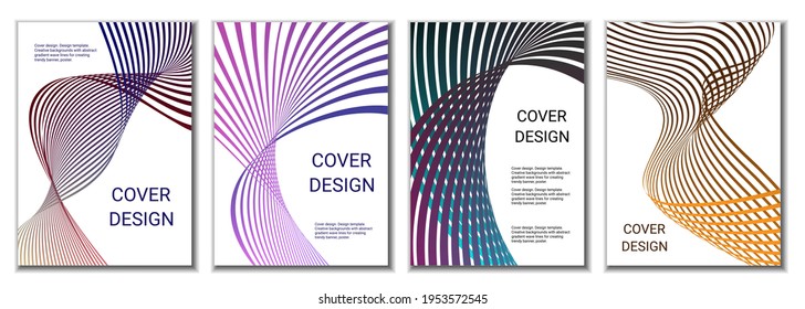 A set of 4 abstract covers. Wavy parallel gradient lines, ribbons evolve. Cover design, background. Trendy banner, poster.