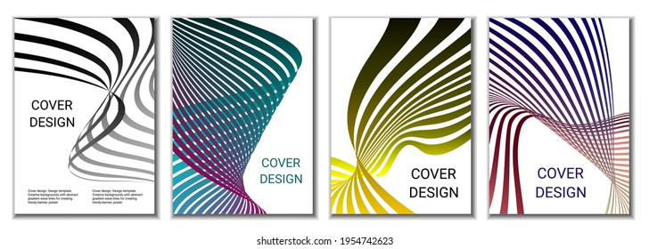 A set of 4 abstract covers. Wavy parallel gradient lines, ribbons evolve. Cover design, background. Trendy banner, poster.