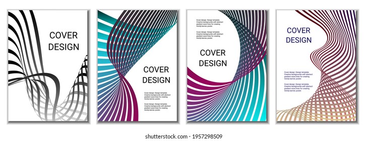 A set of 4 abstract covers. Wavy parallel gradient lines, ribbons evolve. Cover design, background. Trendy banner, poster.