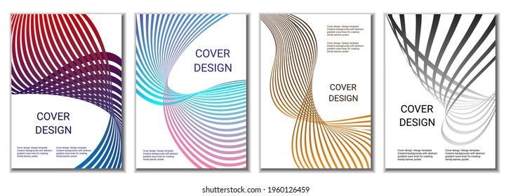 A set of 4 abstract covers. Wavy parallel gradient lines, ribbons evolve. Cover design, background. Trendy banner, poster.