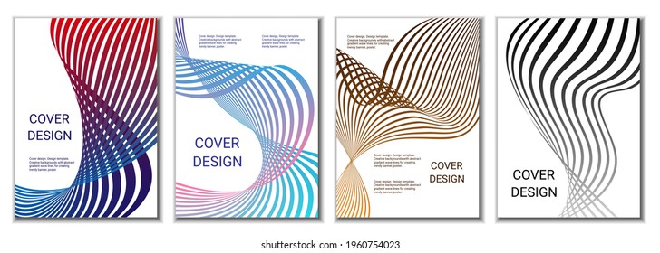A set of 4 abstract covers. Wavy parallel gradient lines, ribbons evolve. Cover design, background. Trendy banner, poster.