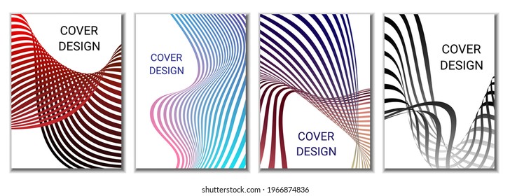 A set of 4 abstract covers. Wavy parallel gradient lines, ribbons evolve. Cover design, background. Trendy banner, poster.