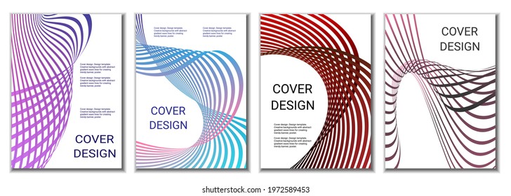 A set of 4 abstract covers. Wavy parallel gradient lines, ribbons evolve. Cover design, background. Trendy banner, poster.