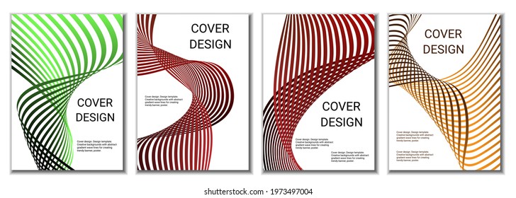 A set of 4 abstract covers. Wavy parallel gradient lines, ribbons evolve. Cover design, background. Trendy banner, poster.