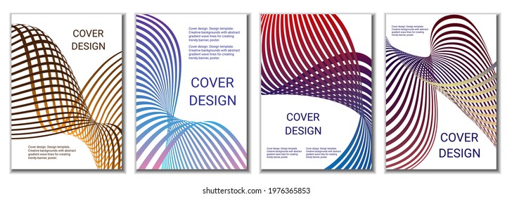 A set of 4 abstract covers. Wavy parallel gradient lines, ribbons evolve. Cover design, background. Trendy banner, poster.