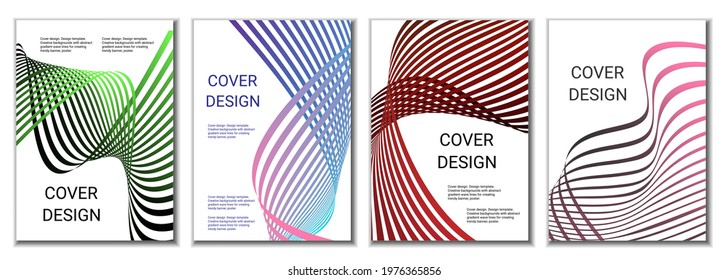 A set of 4 abstract covers. Wavy parallel gradient lines, ribbons evolve. Cover design, background. Trendy banner, poster.