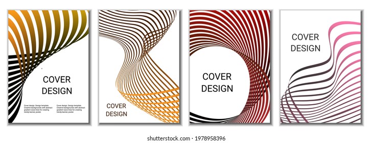 A set of 4 abstract covers. Wavy parallel gradient lines, ribbons evolve. Cover design, background. Trendy banner, poster.