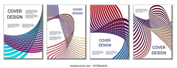 A set of 4 abstract covers. Wavy parallel gradient lines, ribbons evolve. Cover design, background. Trendy banner, poster.