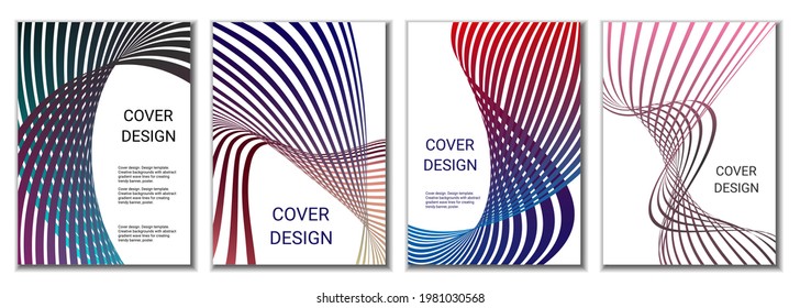 A set of 4 abstract covers. Wavy parallel gradient lines, ribbons evolve. Cover design, background. Trendy banner, poster.