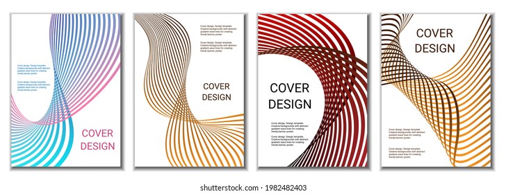 A set of 4 abstract covers. Wavy parallel gradient lines, ribbons evolve. Cover design, background. Trendy banner, poster.